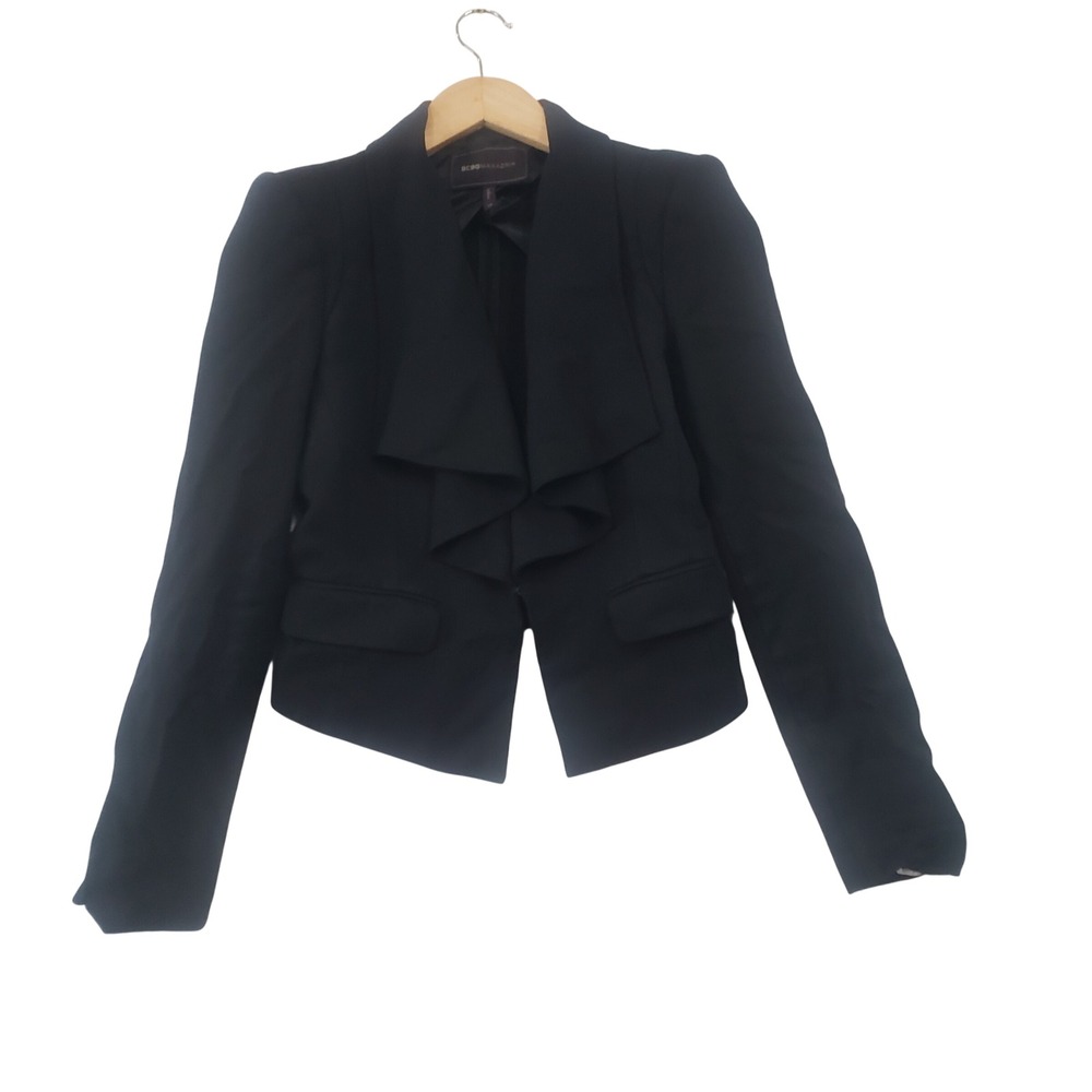 BCBGMAXAZRIA Blazer XS Black Ruffle Collar Cropped Wool Blend Chic Minimalist